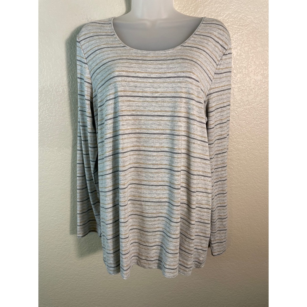 Chicos 2 US Large Top Grey Gold Silver Metallic Striped Long Sleeve Layer Chic